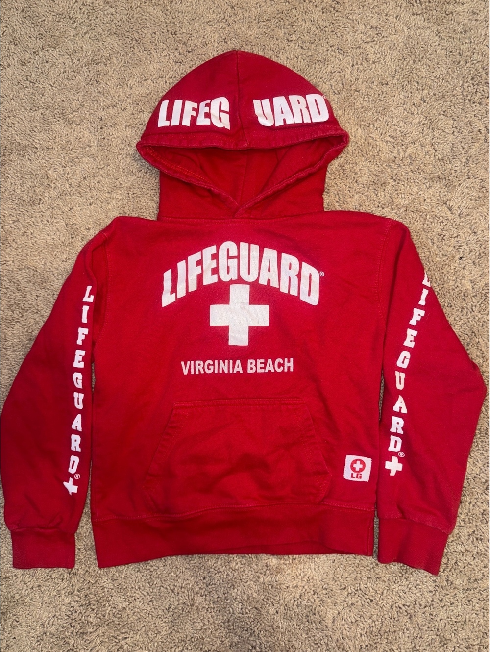 Lifeguard Virginia Beach Red Hoodie Sweatshirt Size S 7/8